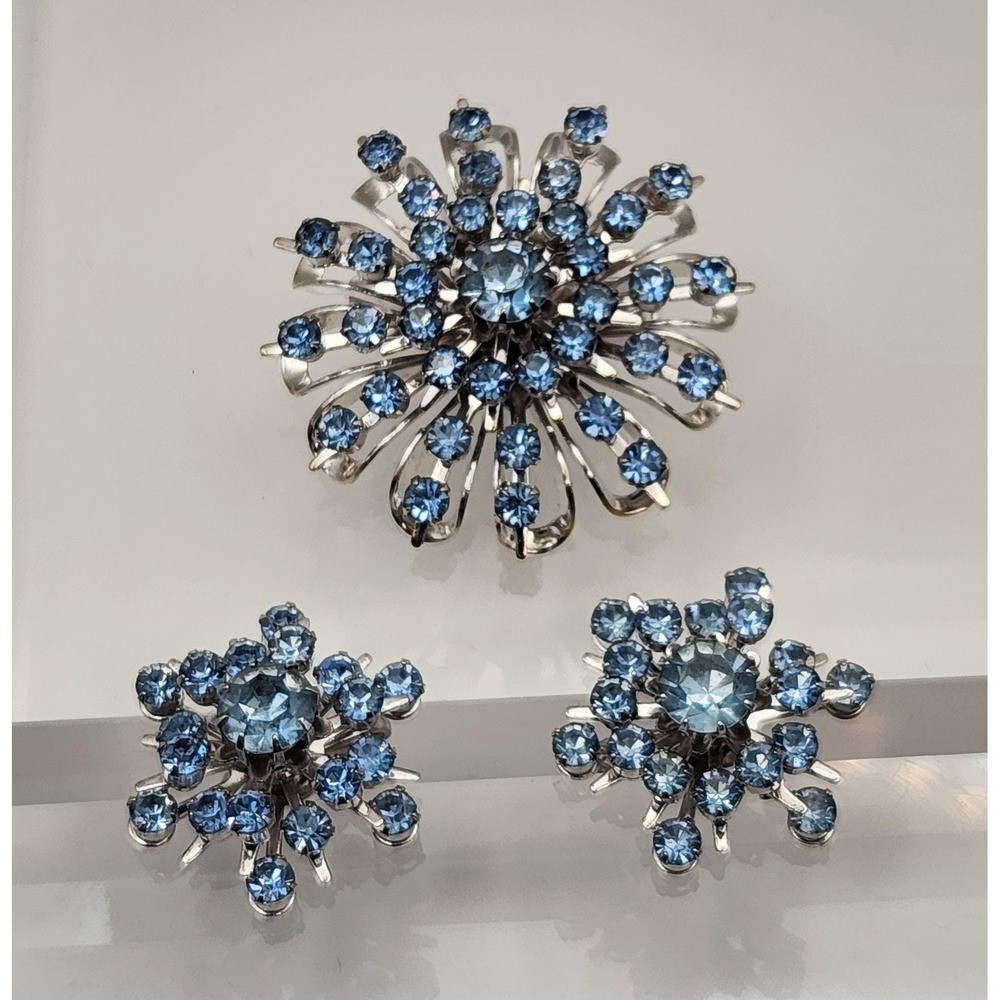 VTG Coro Blue Rhinestone Brooch & Earring Atomic Starburst Demi Parure